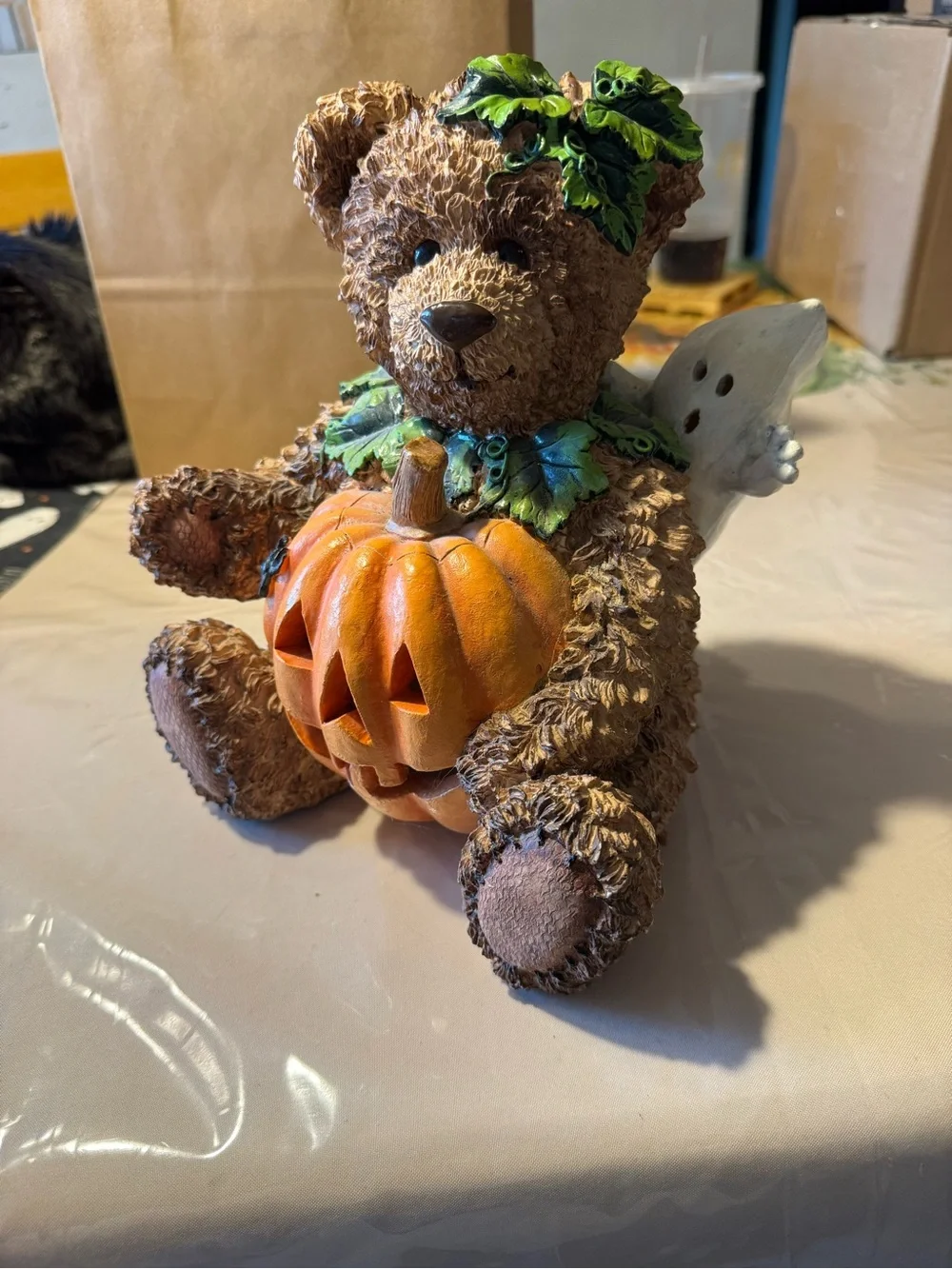 Brown Bear Figure with Orange Pumpkin Accent - vintage Michaels decor